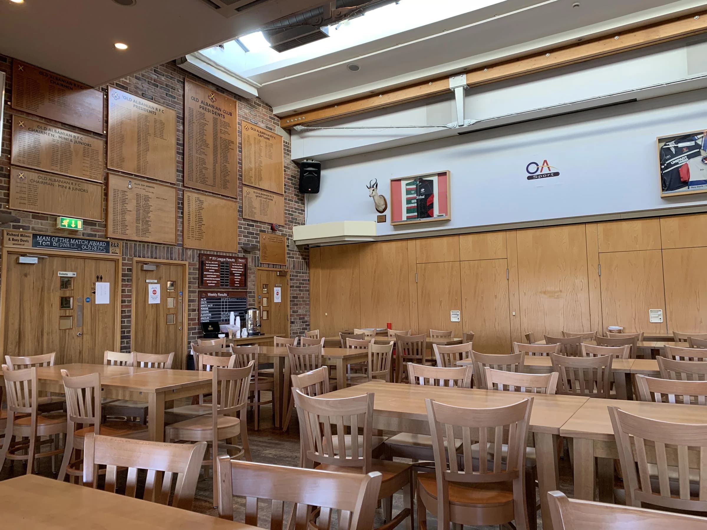 The clubhouse hospitality room at Woollams, home of Old Albanian RFC